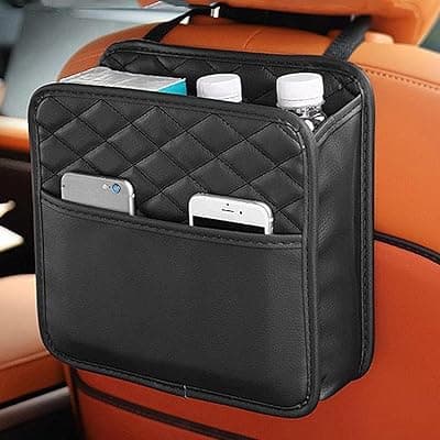 Car Seat Back Organizer with Mesh Bottle Holder, Quilted Storage Pockets and Buckle Strap Attachment for Vehicle Seat Back or Trunk Storage