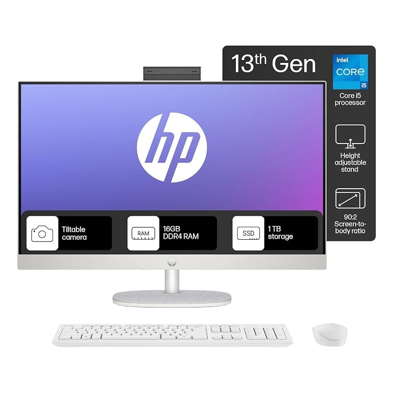 HP All-in-One PC 13th Gen Intel Core i5 27 inch(68.6cm) FHD 16GB RAM, 1TB SSD, Intel UMA Graphics, 710 White Wireless Keyboard and Mouse Combo (Win 11, MSO 21, Shell White, 6.72 Kg) 27-cr0407in