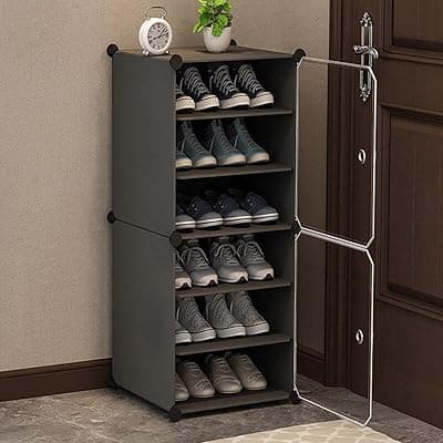 6 Shelf 2 Door DIY Multi-Purpose Plastic Shoe Storage Cabinet for Home Office,Adjustable Foldable Shoe Organizer for Bedroom, Entry Way with Dust Proof Door for Heels/Sleepers/Boots-Grey-A3