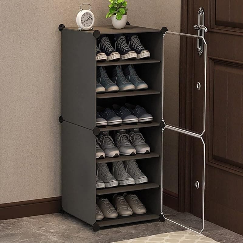 6 Shelf 2 Door DIY Multi-Purpose Plastic Shoe Storage Cabinet for Home Office,Adjustable Foldable Shoe Organizer for Bedroom, Entry Way with Dust Proof Door for Heels/Sleepers/Boots-Grey-A3