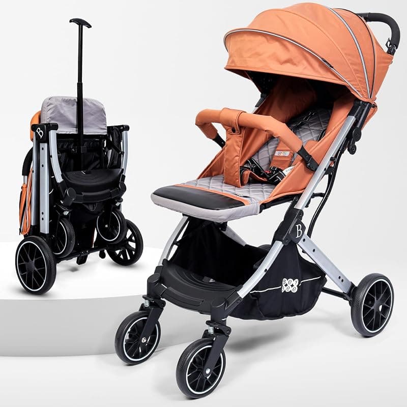 BeyBee Leatherite Stroller Pram With Quilted Seat for Newborn Baby|One Hand Fold With Premium Waterproof Fabric|Uniquely desgined Shock absorbtion Wheels| Air Cabin Buggy|Kids Age 0 to 5 Years (Peach)