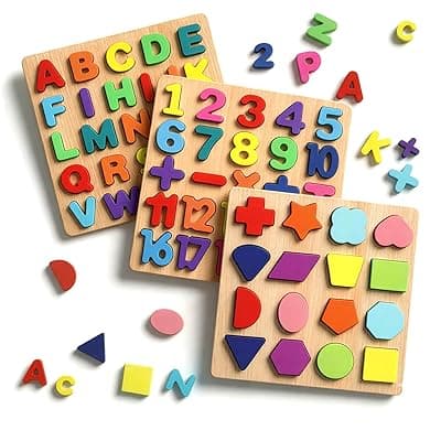 Wooden Alphabet Numbers and Shapes Puzzle Set, Educational Learning Toy for Kids, Colorful Letters A-Z, Numbers 0-9, Geometric Shapes | ABCD Puzzle Set | Activity Toys for Toddlers & Preschoolers