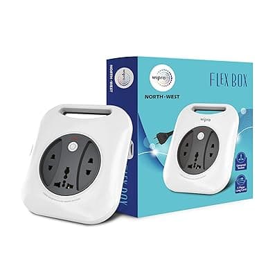 Wipro Flex Box Extension Cord with 1 Universal 3 Pin Socket &amp; 2 units of 2 Pin Sockets,with Master Switch &amp; Indicator | 4 mtr long copper wire | Power Strip for Home, Office | Pack of 1 | Grey &amp; White