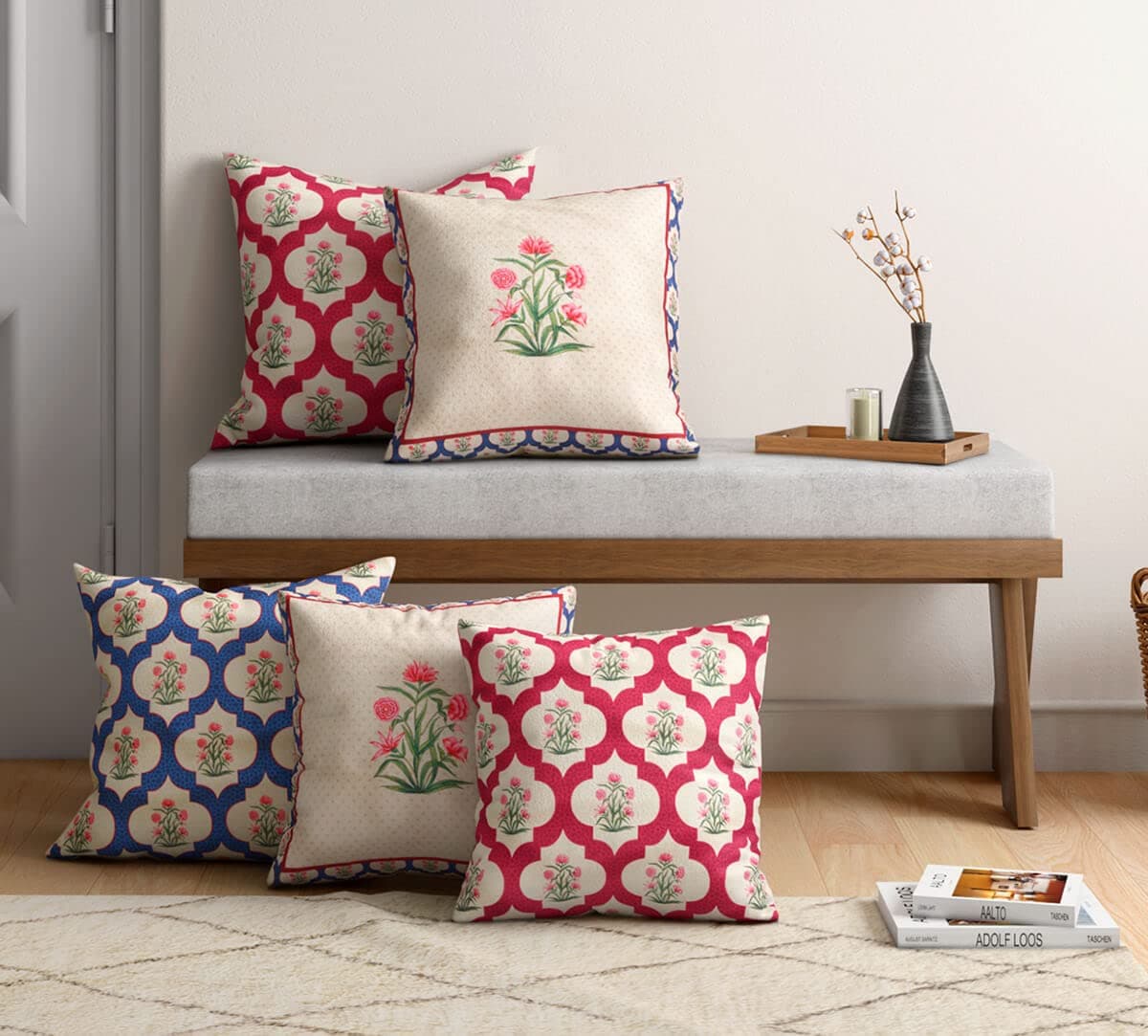 India Circus by Krsnaa Mehta - A Godrej Venture Poppy Window Multicolor Printed Decorative Blended Velvet Cushion Pillow Cover for Couch, Sofa, Bed Set of 5 (16 x 16 Inches)