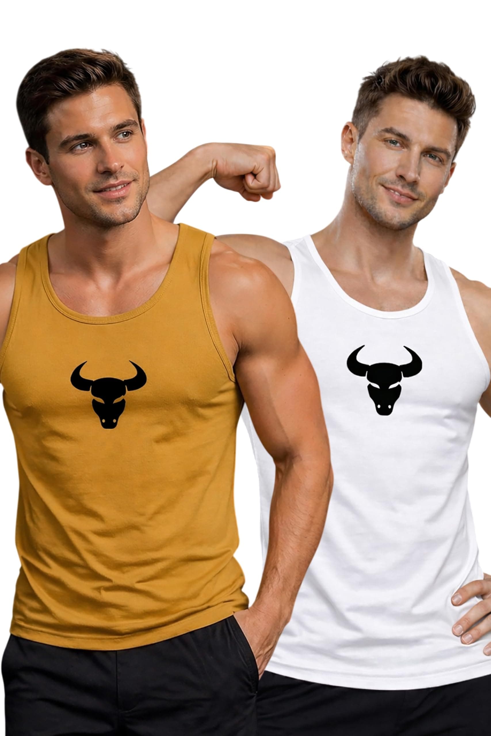Glito Polyester Letter Printed Vest for Men - Pack of 2 - Mustard & White | Round Neck | Sleeveless | Regular Fit | Summer & Gym Wear Tank Top for Men