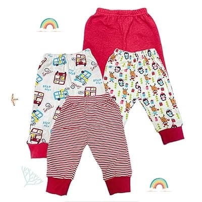 Baby Story Cotton Pajama Pants Combo Pack | Unisex Soft Cotton Track Pants for Newborns &amp; Infants | Comfortable, Stylish, Multicolor Designs | Pack of 4 (0-3 Months, Red)