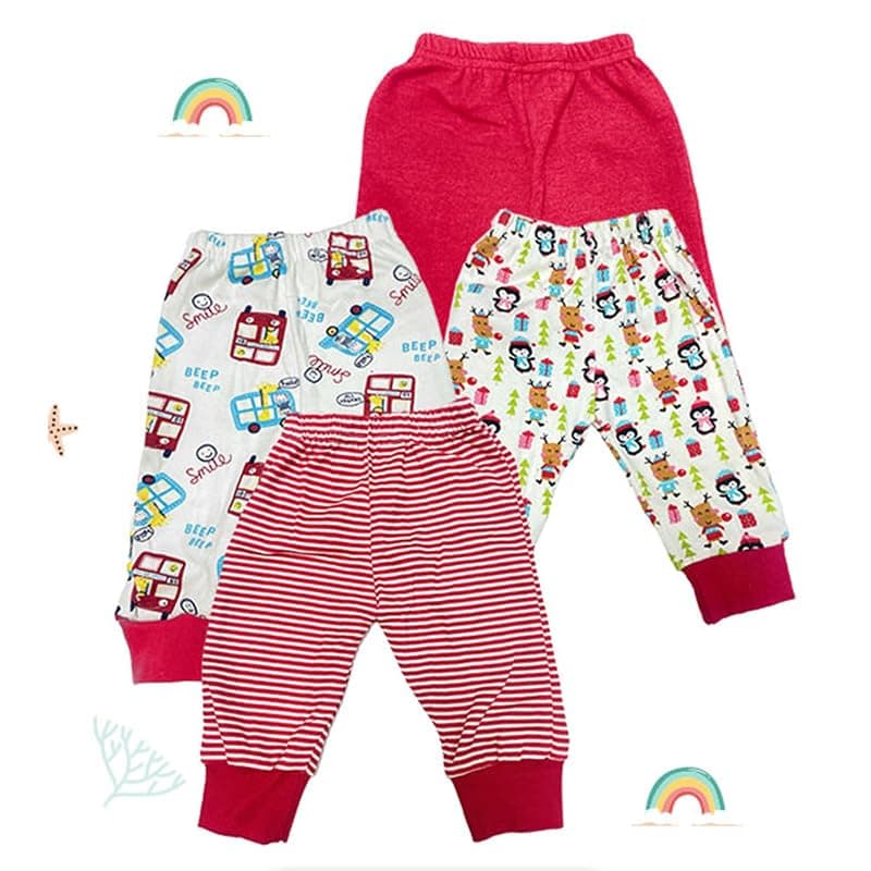 Baby Story Cotton Pajama Pants Combo Pack | Unisex Soft Cotton Track Pants for Newborns &amp; Infants | Comfortable, Stylish, Multicolor Designs | Pack of 4 (0-3 Months, Red)