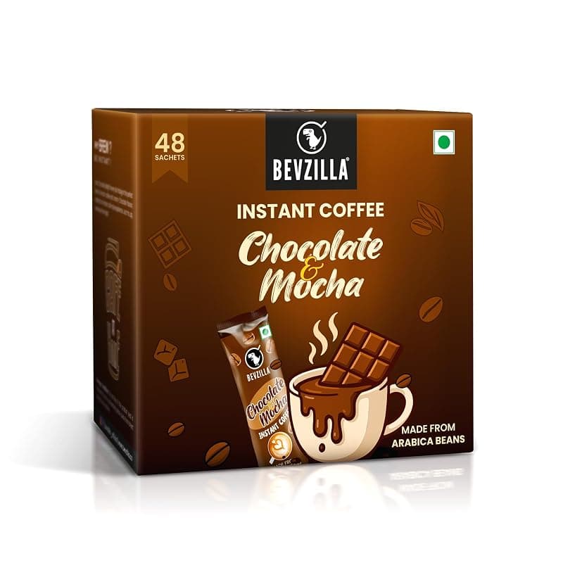 Bevzilla 48 Chocolate &amp; Mocha Instant Coffee Powder Sachets | Arabica Beans with Chocolaty Twist | Perfect for Espresso, Latte &amp; Cappuccino | Enjoy Hot &amp; Cold Brews
