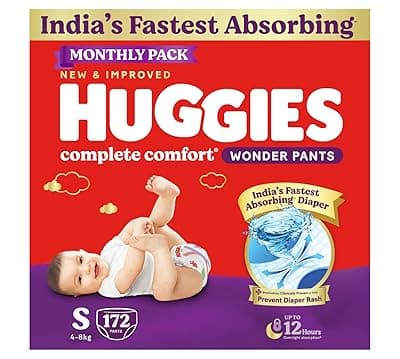 Huggies Complete Comfort Wonder Pants | Pant Style Baby Diapers Small Size, 172 Count | India's Fastest Absorbing Diaper, Prevents Diaper Rash, Ideal for 4 to 8 Kgs (86 count, Pack of 2)