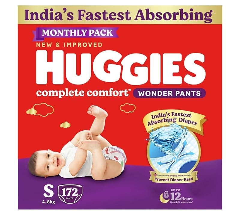 Huggies Complete Comfort Wonder Pants | Pant Style Baby Diapers Small Size, 172 Count | India's Fastest Absorbing Diaper, Prevents Diaper Rash, Ideal for 4 to 8 Kgs (86 count, Pack of 2)