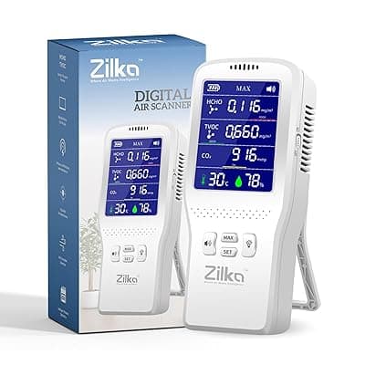 Zilka® Air Quality Monitor | Accurate CO2, 11+ Gases TVOC Sensor, HCHO | IAQ | Temperature & Humidity | All Day Battery | 2000mAH Pollution Meter | Smart Alarm | Type-C