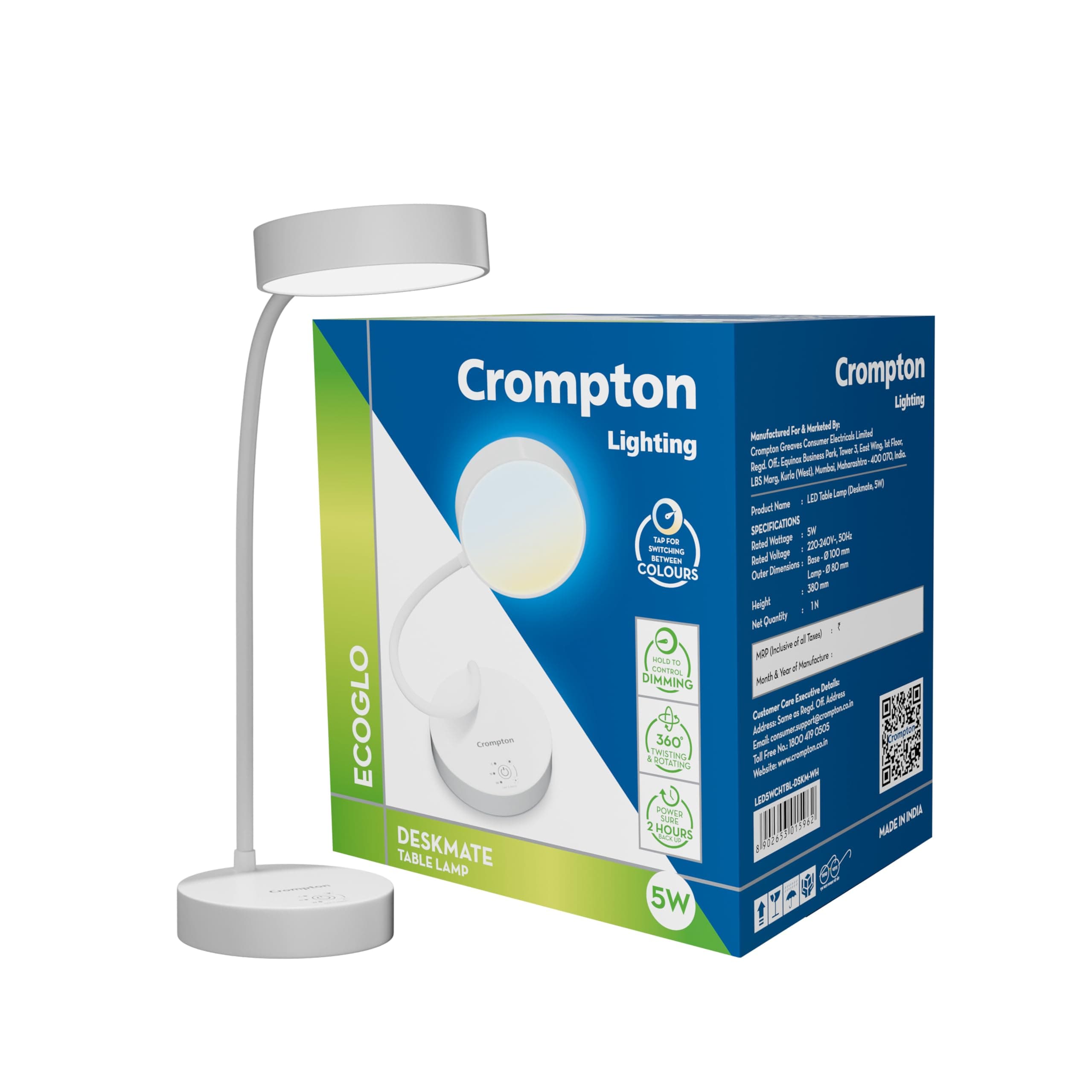 Crompton Deskmate 5W USB Rechargeable LED Desk Lamp | Flexible Neck, Colour-Changing & Smooth Dimming | Flame-Safe Design | Pack of 1