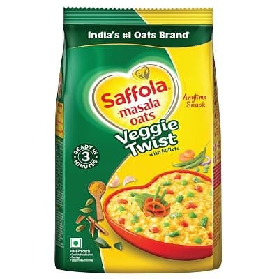Saffola Masala Oats|500 G / 550 G |Veggie Twist|Tasty, Anytime Snack|Ready In 3 mins|Millets Goodness - With Bajra &amp; Jowar|No maida, No added preservatives|Oats Helps Manage Weight [Weight May Vary]