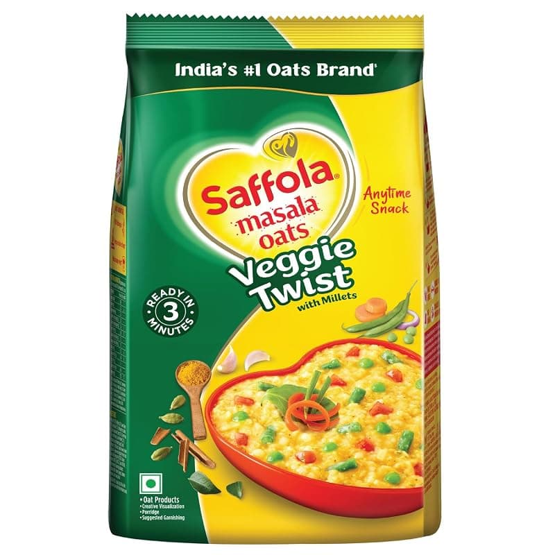 Saffola Masala Oats|500 G / 550 G |Veggie Twist|Tasty, Anytime Snack|Ready In 3 mins|Millets Goodness - With Bajra &amp; Jowar|No maida, No added preservatives|Oats Helps Manage Weight [Weight May Vary]