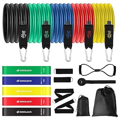 Odoland 16 pcs Resistance Bands Set Workout Bands, Heavy Exercise Bands Fitness Bands with Door Anchor, Ankle Strap, Resistance Loop Bands for Gymnastics