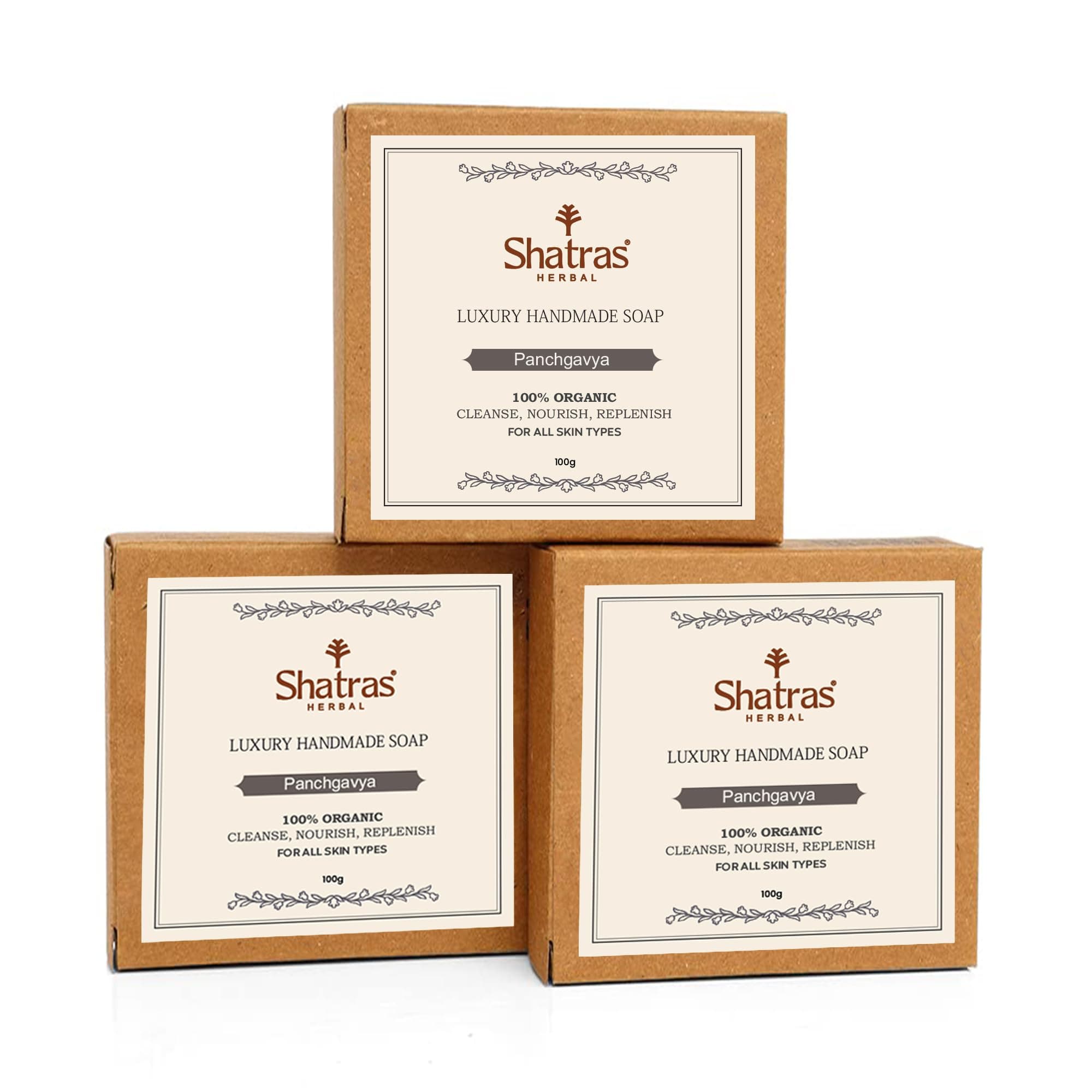 Shatras Organic Panchgavya Soap Enriched with Cow Milk, Ghee, Curd Handmade Natural Chemical Free Bar Soap for Purifying & Nourishing, Moisturized and Glowing Skin(Pack Of-3)