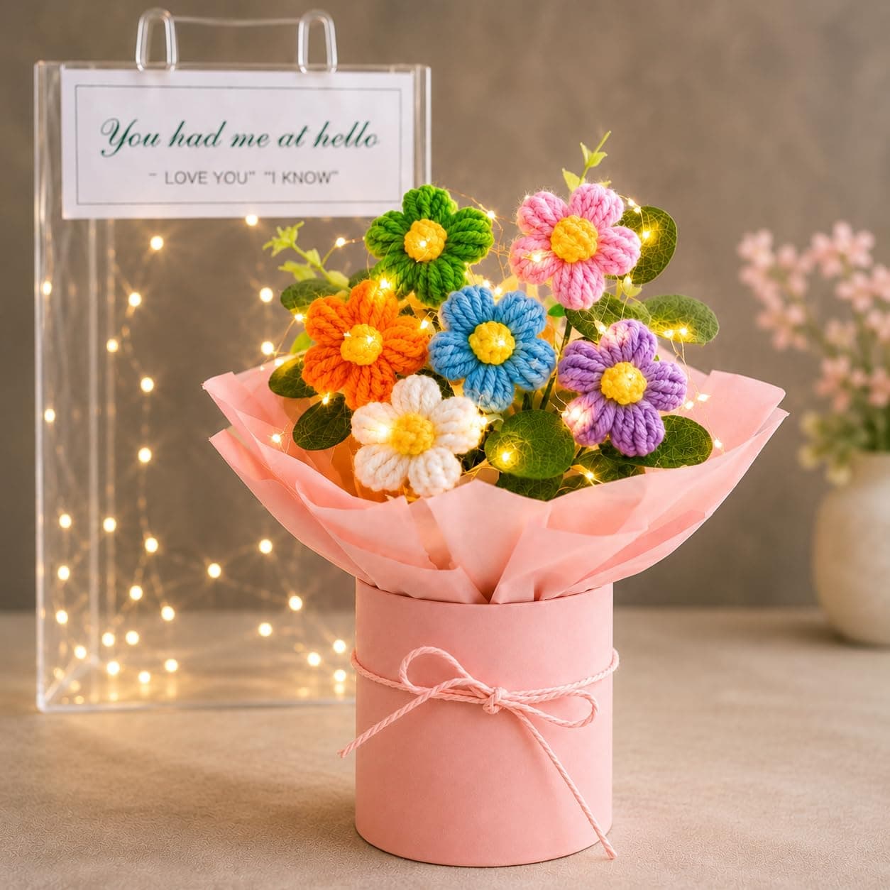 PulGos 𝟏𝐩𝐜𝐬 Artificial Crochet Flower Bouquet with LED Light| Handmade Yarn Knitted Floral Bunch for Home & Office Décor, Gifting |Cute Decorative Item Woolen Flowers Gift for Girls & Women (Pink)