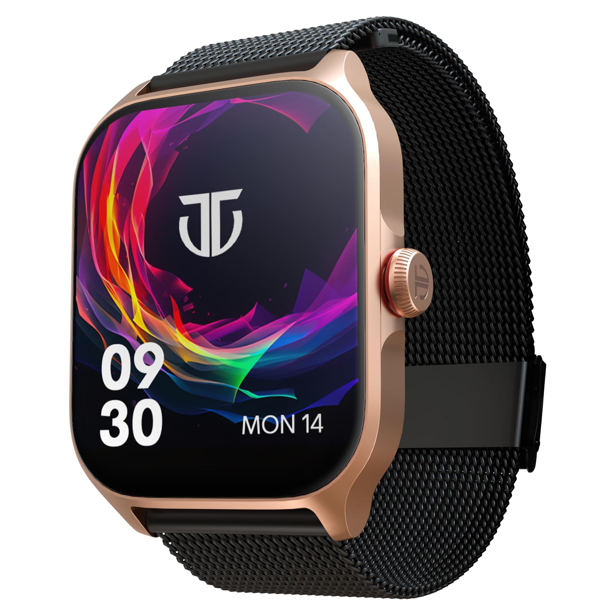 Titan Zeal 1.85" AMOLED Metal Case Smart Watch with BT Calling, SpO2, 100+ Sports Modes, Auto Sports Recognition, Fast Charging Smartwatch for Men & Women with – Black Mesh Metal Strap (Rose Gold)