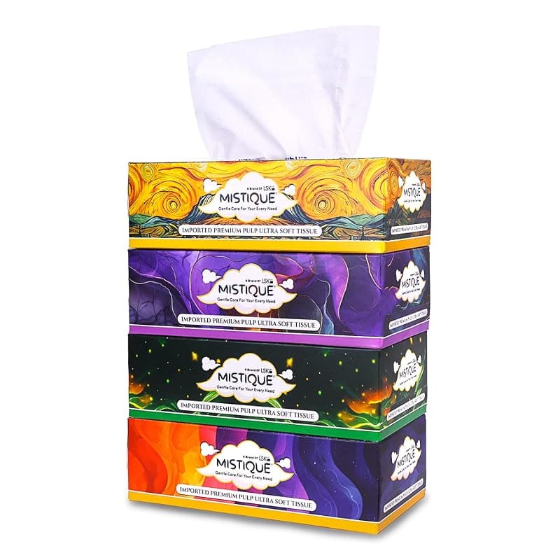 MISTIQUE 2 Ply Facial Tissue Paper | Car Tissue | Soft and Highly Absorbent | Pack of 4 (100 Pulls Per Box, 200 Sheets) | Sheet Size (17 * 20) cm