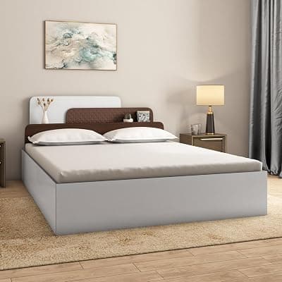 Nilkamal Bruce Wooden King Bed with Box Storage | Designer Headboard with Storage | Engineered Wood | 4 Big Compartments | Walnut & White