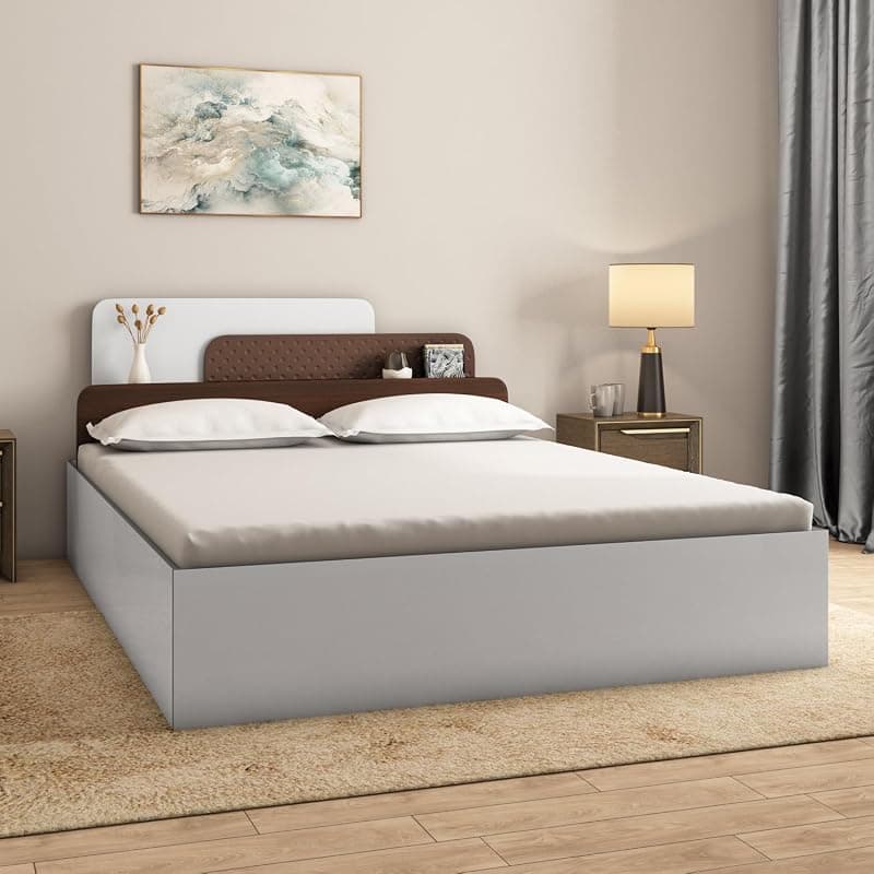 Nilkamal Bruce Wooden King Bed with Box Storage | Designer Headboard with Storage | Engineered Wood | 4 Big Compartments | Walnut & White