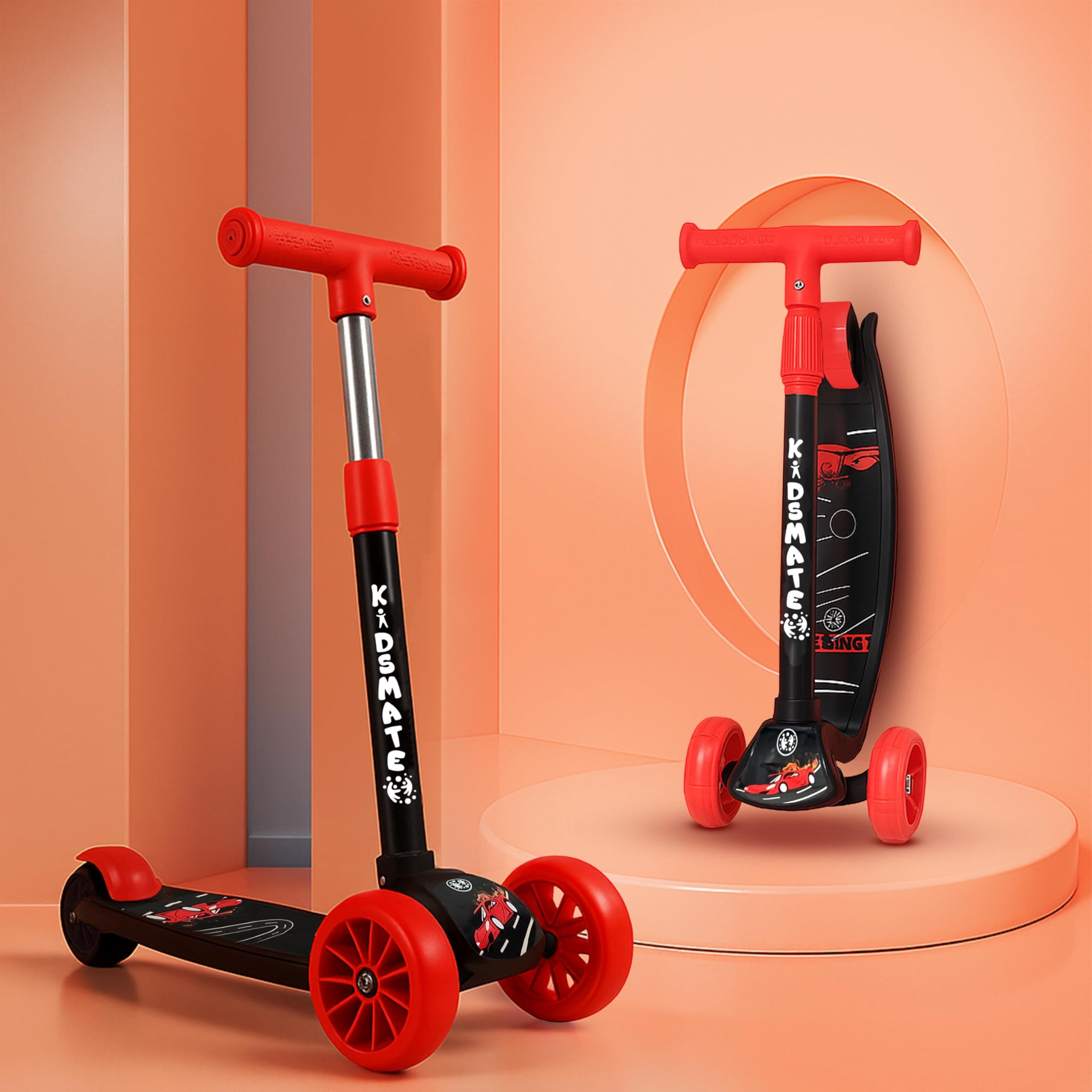 Kidsmate Cruiser Kick Scooter for Kids with Broad Wheels | 3-Wheel Skate Scooter for Boys & Girls of Ages 2-12 Years | Level Adjustable Height, and Easy Fold Design Scooter for Kids (Black)