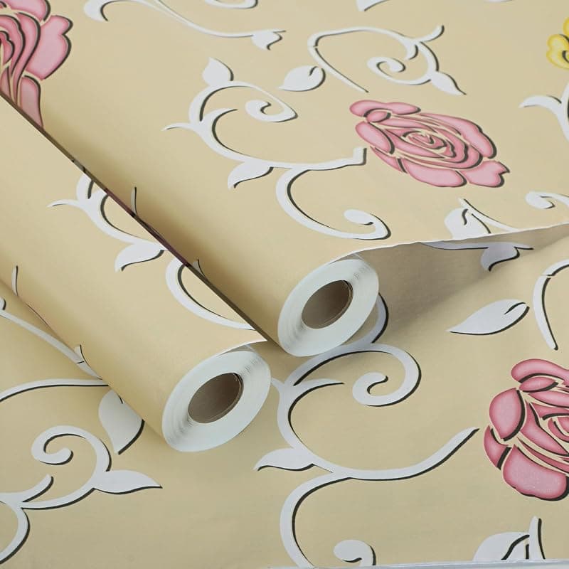Kuber Industries 2 Pcs PVC 10Mtr Waterproof Self Adhesive Wallpaper for Wall, Bedroom &amp; Living Room | Interior and Exterior Wallpaper for Almirah | Flower - Cream