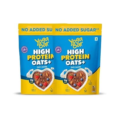 Yogabar Highest Protein Oats 850g x 2 | Dark Chocolate &amp; Almonds | 23g Protein - No Added Sugar | Complete Protein Blend Whey + Soy | With Probiotics for Better Absorption | Fiber-Rich | Helps in Weight Management (Pack of 2, 850g each)