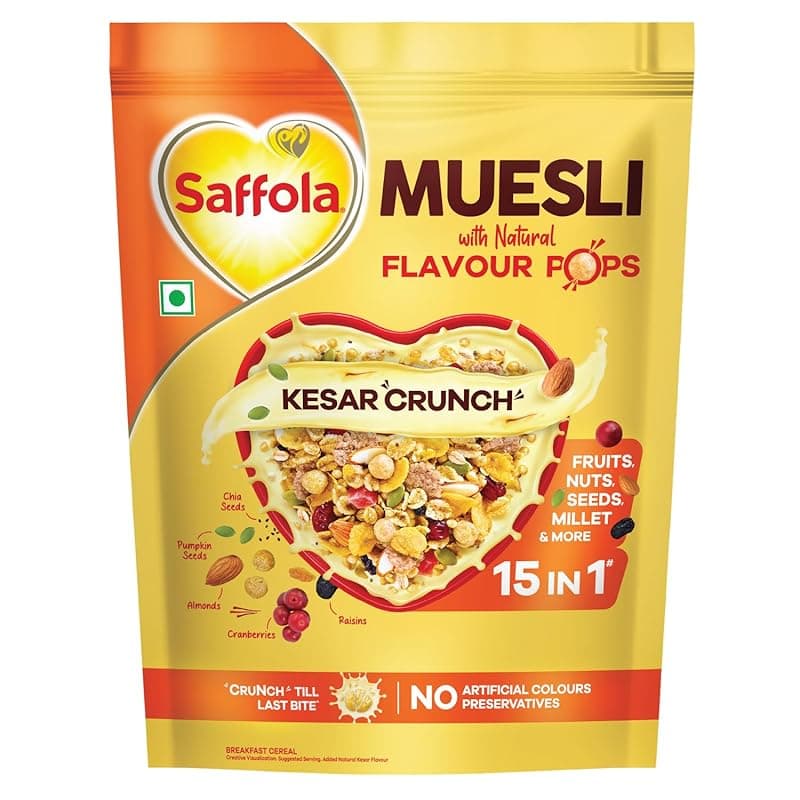 Saffola Muesli Kesar Crunch with Flavour Pops, 450 gm | 15 in 1 Fruit and Nuts, Seeds, Millet &amp; more | Cereals for breakfast with wholegrain, protein, fibre