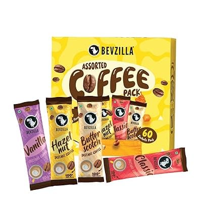 Bevzilla 60 Instant Coffee Powder Sachets (4 Flavours) 120 Grams|Hazelnut,Classic,Vanilla &amp; Butterscotch|15 Pouches Each Flavour|Arabica Coffee|Perfect for Espresso,Latte,Cappuccino|Hot &amp; Cold Brews