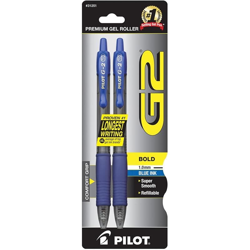 Pilot G2 Retractable Premium Gel Ink Roller Ball Pens, Fine Point, 2 Pcs, Blue Ink