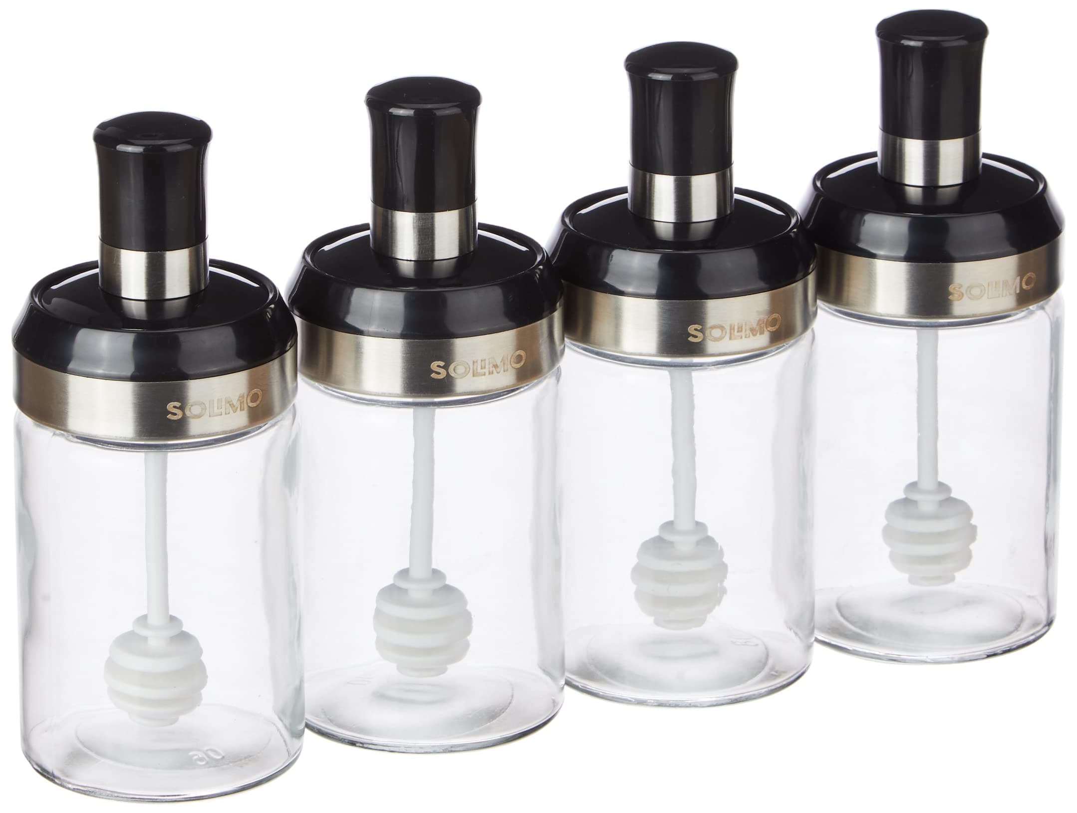 Amazon Brand - Solimo Borosilicate Glass Sauce Jar with Dipper, Set of 4 (250 Ml Each),Black