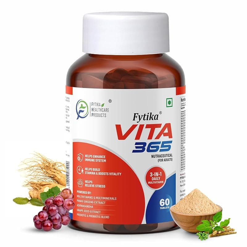 Fytika Vita 365-60 Tablets (Pack of 1) | Multivitamin For Men and Women | With Ashwagandha, Ginseng, Probiotics &amp; Prebiotics and Biotin| Enhances Energy, Immunity and Digestion