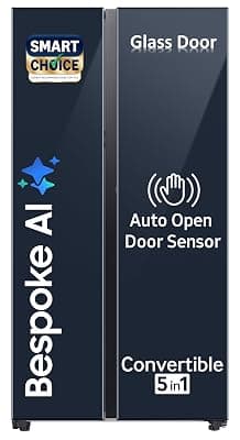Samsung Smart Choice 653 L, 3 Star, Bespoke AI, Glass Door, Frost Free, Double Door, Convertible 5-in-1 Digital Inverter, Side By Side Refrigerator with Auto Open Door (RS76CB81A341HL, Clean Navy)