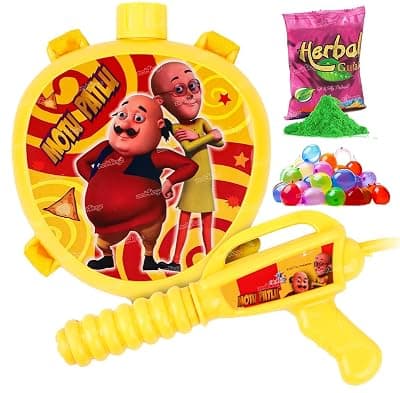 Zest 4 Toyz Holi Pichkari Water Gun for Kids Holi Motu Patlu Themed Water Gun for Holi Pool Party for Boys and Girls with 1 pkt Herbal Gulal and 100 Balloons Holi Combo - Bow Tank