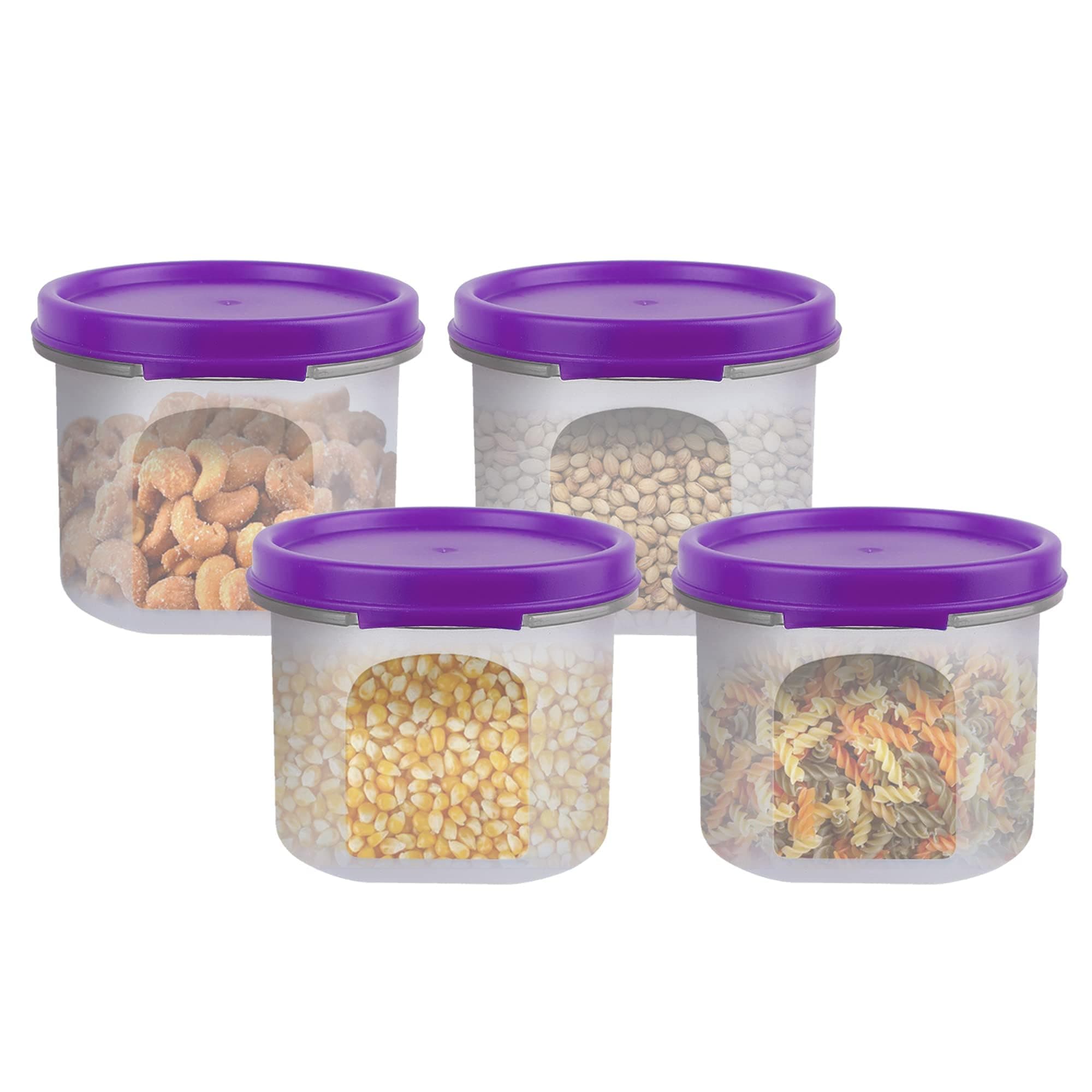 SIMPARTE Smart Slim Storage Air-Tight & Leak Resistant Plastic Round Modular Container For Juice, Snacks, Cookies, Wafers,Chia Seeds Stackable, BPA Free, Refrigerator Safe, Set of 4 (250ML, Purple)