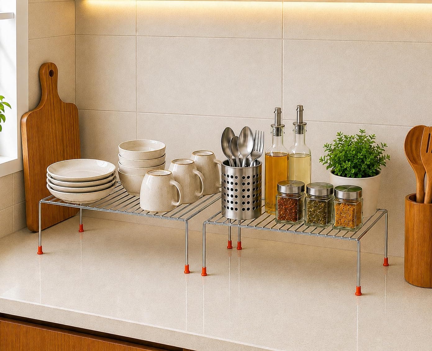 NH10 DESIGNS Stainless Steel Under Cabinet Kitchen Dish Rack Expandable Storage Floating Shelves For Kitchen Multipurpose Organizer Extend Up To 580 Mm With Anti-Rust Nano Coating(Pack Of 2)(Nhsp)