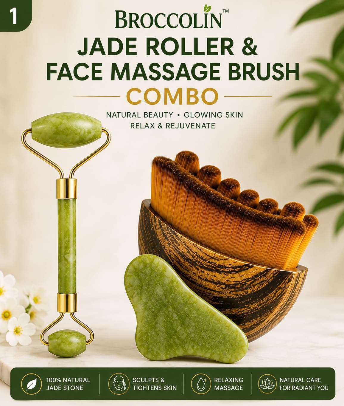 BROCCOLIN Facial Care Combo Set with Jade Roller, Gua Sha & Facial Massage Brush for Lymphatic Drainage, Jawline Sculpting, Deep Cleansing, Puffiness Reduction & Glowing Skin