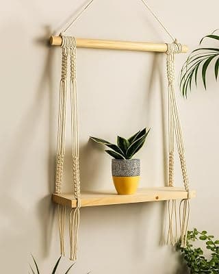 Homesake Macrame Wall Hanging Shelf Woven Home Decor Wood Floating Storage Shelf Bohemian Handmade Cotton Rope,Living Room, Balcony, Garden, (44 L X 43 W), Beige