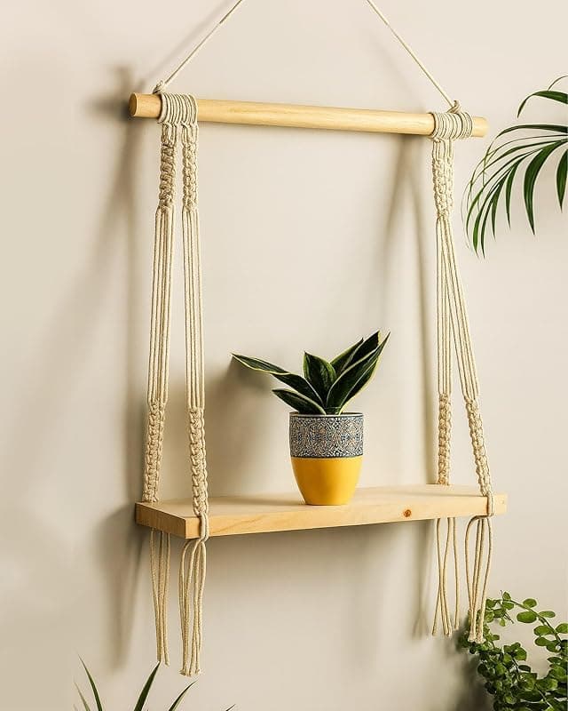 Homesake Macrame Wall Hanging Shelf Woven Home Decor Wood Floating Storage Shelf Bohemian Handmade Cotton Rope,Living Room, Balcony, Garden, (44 L X 43 W), Beige