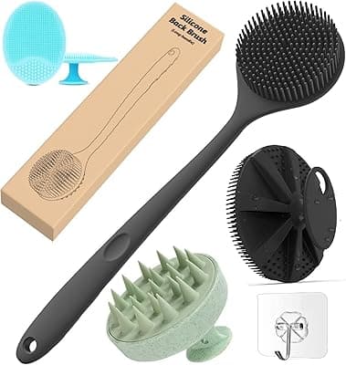 ANTIL'S 4-in-1 Soft Silicone Bath Brush Set | Long Handle Back Scrubber + Body Scrubber + Scalp Massager + Face Massager | Super Exfoliating &amp; Lathering Shower Brush | BPA-Free | For Men &amp; Women | With Free 3 Hook
