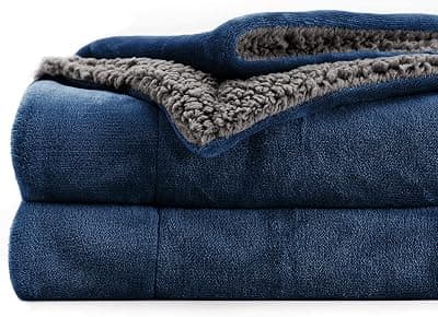 BSB HOME Polyester Micromink Summer Ac/Mild Winter/Heavy Winter Sherpa Blanket Super Soft Flannel Solid/Plain, Blue &amp; Grey, Size 150 X 228 Cms (Approx 4X7 Ft) (Single), 200 TC