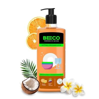 Beco Natural Dishwash Liquid-750ml |Orange Citrus Freshness| 100% Ecofriendly-Tough Grease removal Antibac formula| Leaves No residue, Baby &amp; Pet Safe