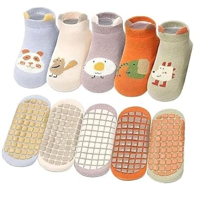 SHIMATI Baby Anti Slip Socks with Grip Bottom, Cotton Fabric, Animal Pattern, Unisex, Pack of 5 Pairs