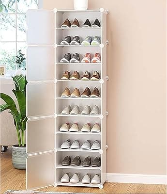 WeCool SR-W10 Upgraded Shoe Rack for Home Plastic, Portable Shoe Rack with Dustproof Door for Heels/Slippers/Boots, 10-Layer Shoe Storage Cabinet with Hooks for Entryway or Bedroom - White