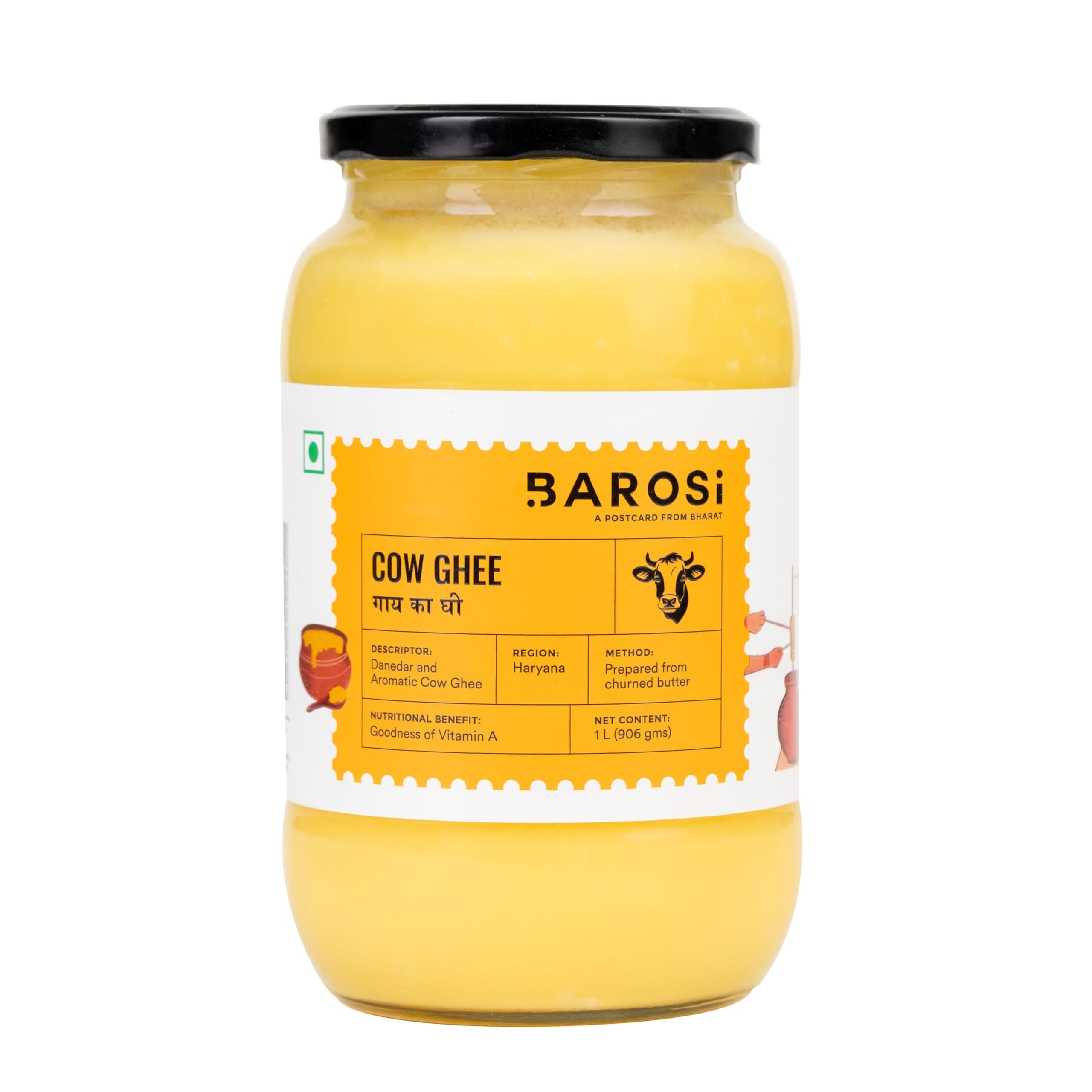 BAROSI Desi Cow Ghee 1 Litre | Danedar Ghee | Lab Tested | Grass-Fed Desi Cow |Naturally Rich In Good Fats & Antioxidants | Suitable for Daily Cooking | Rich Aroma, Golden Colour | Glass Jar(1000 ml)