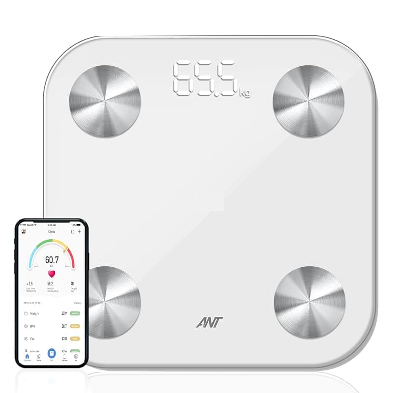 ANT Alpha Smart Scale for Body Weight, App Enabled Digital Bathroom Scale, BMI Weighing Scale, Bluetooth Body Fat Scale, 12 Metrics Supportive Large Display Rechargeable Battery,30M Warranty - Mercury