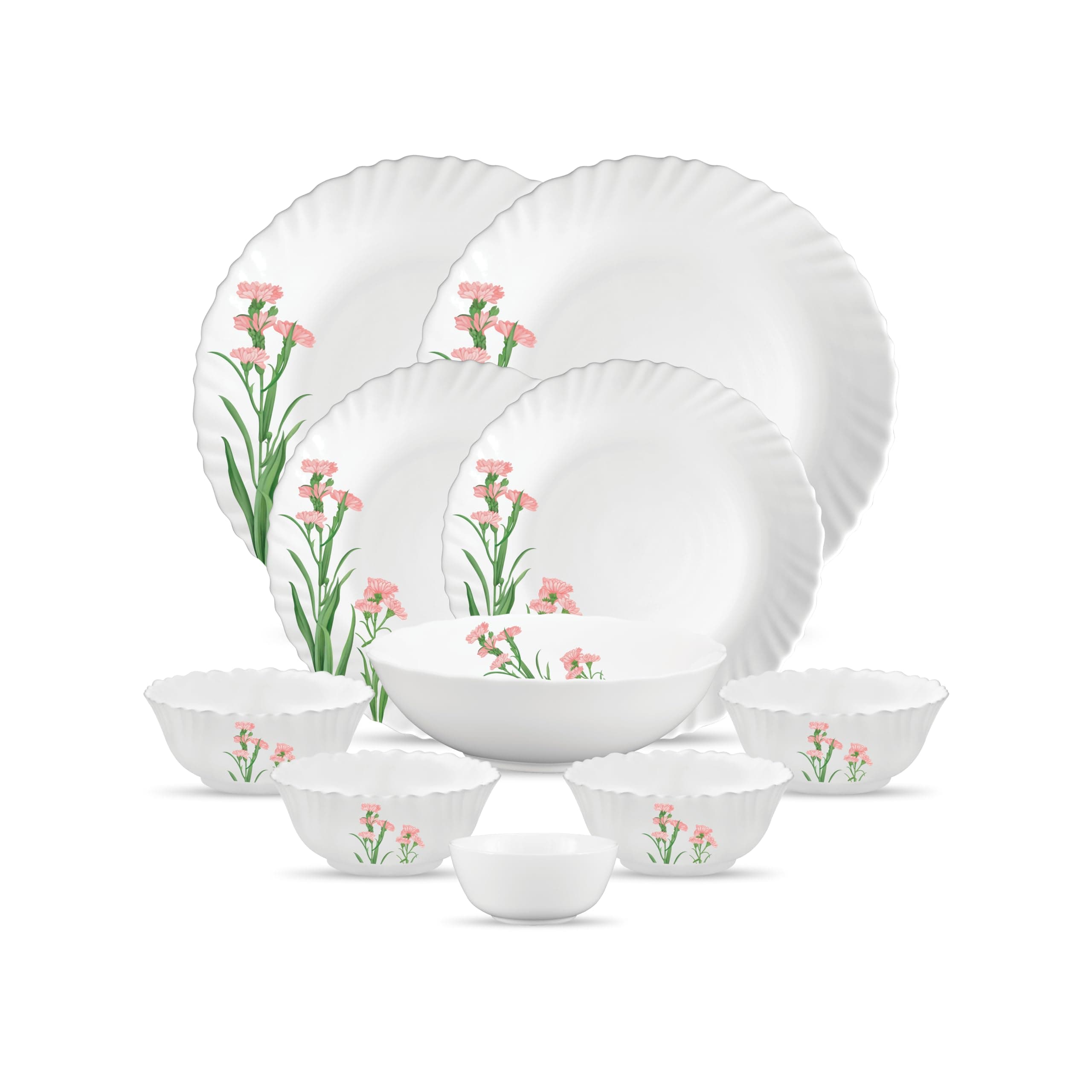 La Opala Opal Glass Crockery | for Family of 2 | Dinner Set 10 pcs Pink Florets | Plates & Bowls for Dining | Microwave Safe | 100% Vegetarian | Extra Strong | Extra Light & White