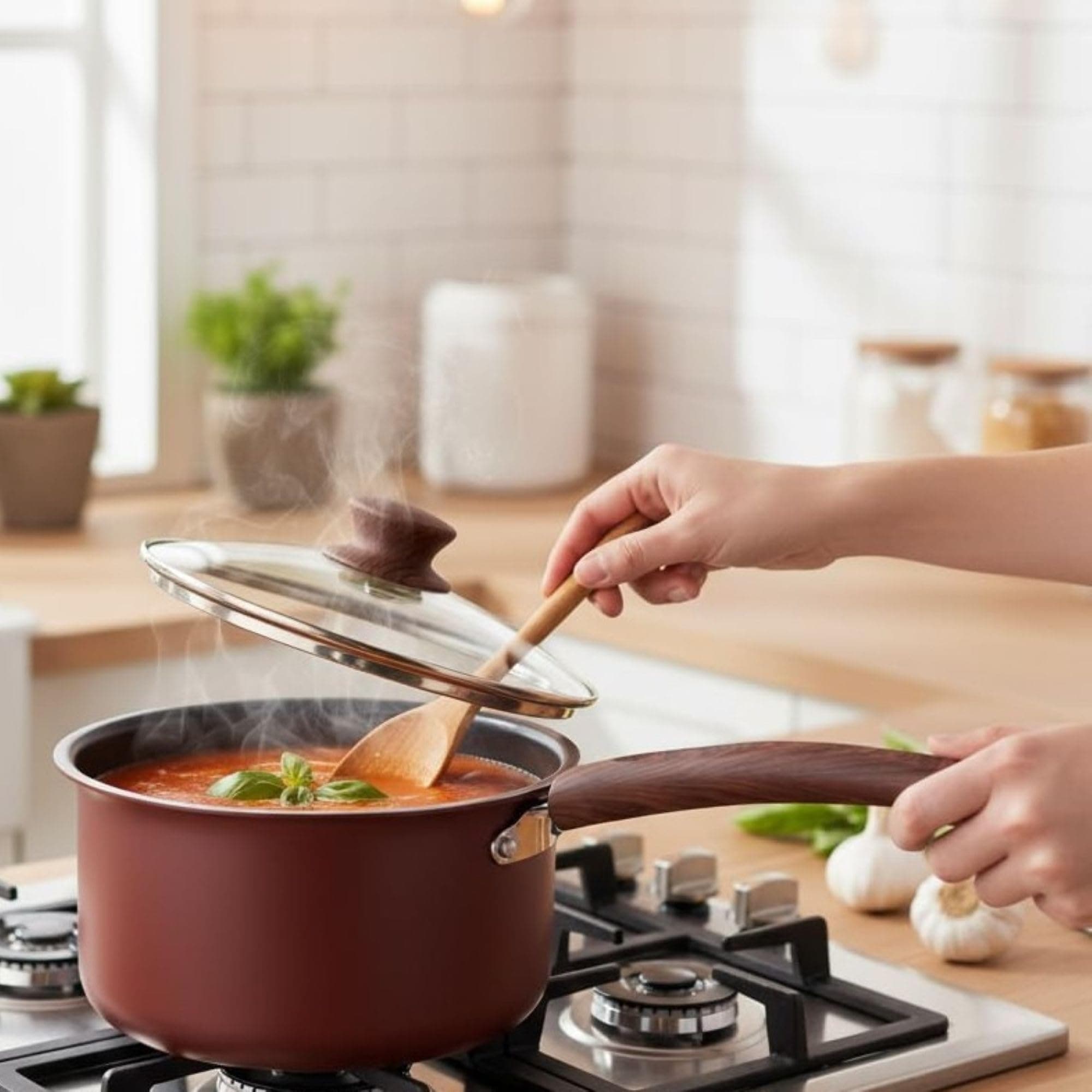 The Better Home 2.5mm Triply Saucepan (1.4L-16cm) with Glass Lid | Tryply Aluminium Kadai with Heavy Bottom | Gas & Induction Kadhai for Deep Frying (Red Saucepan)