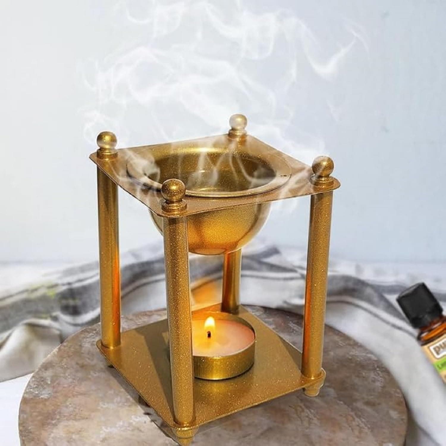 Pure Source India Metal Stand and Brass Bowl Camphor Burner/Aroma Lamp/Dhoop Burner/Aroma Burner Square (4.75Inch) (Gold and Gliter Finsh)